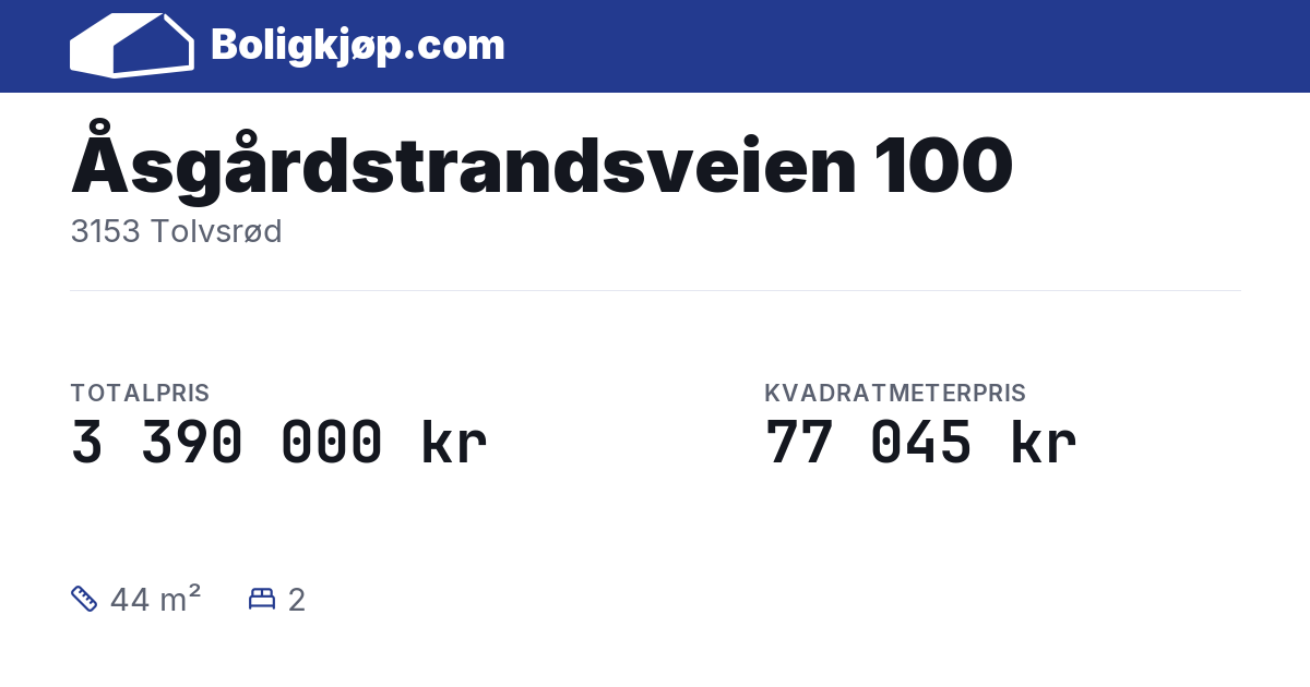 Åsgårdstrandsveien 100, 3153 Tolvsrød - totalpris og kvadratmeterpris fra Boligkjøp.com