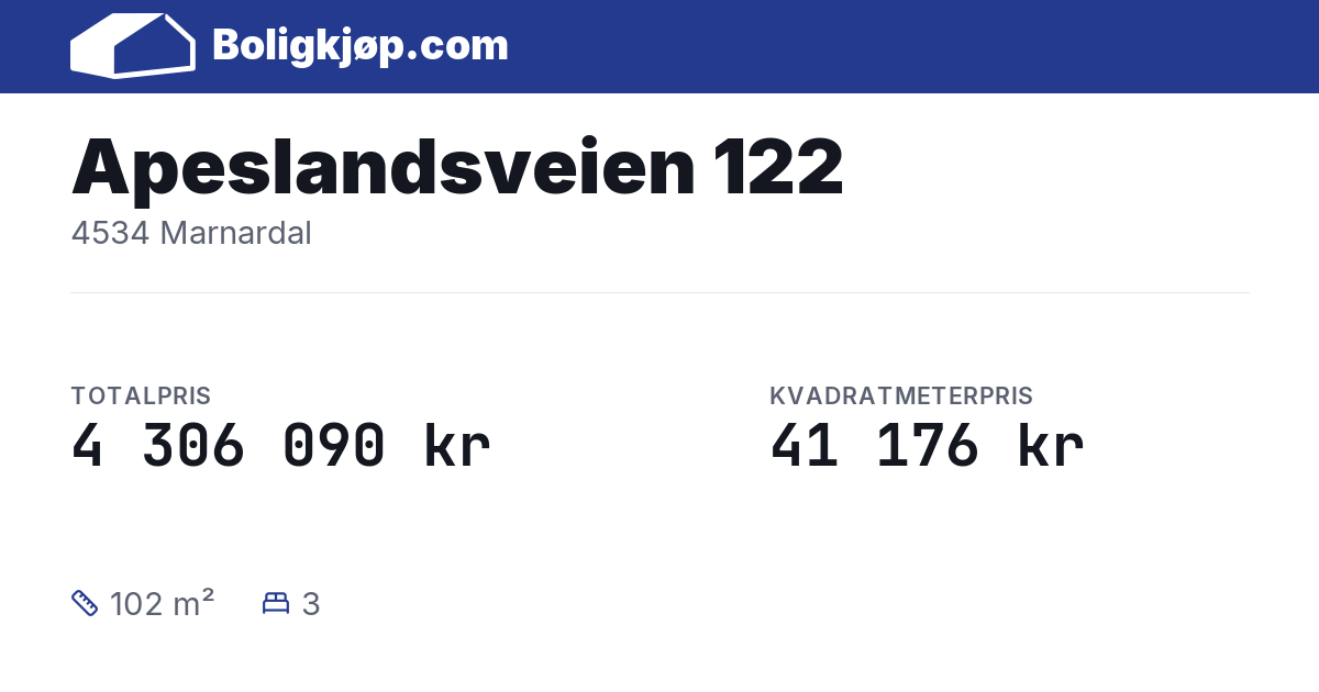 Apeslandsveien 122, 4534 Marnardal - totalpris og kvadratmeterpris fra Boligkjøp.com