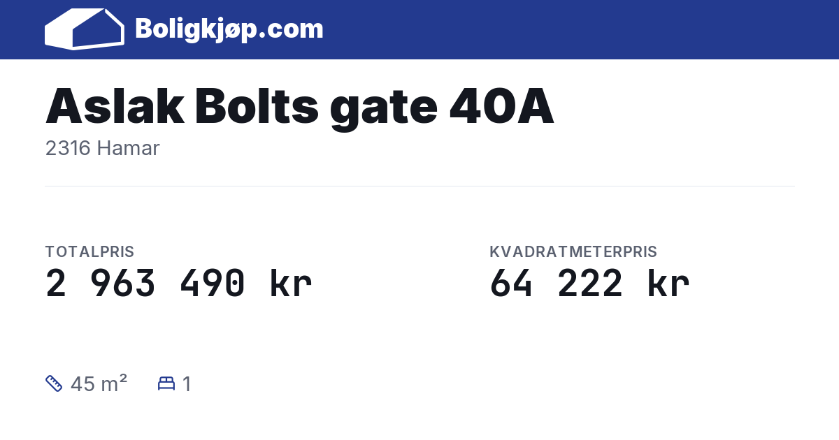 Aslak Bolts gate 40A, 2316 Hamar - totalpris og kvadratmeterpris fra Boligkjøp.com