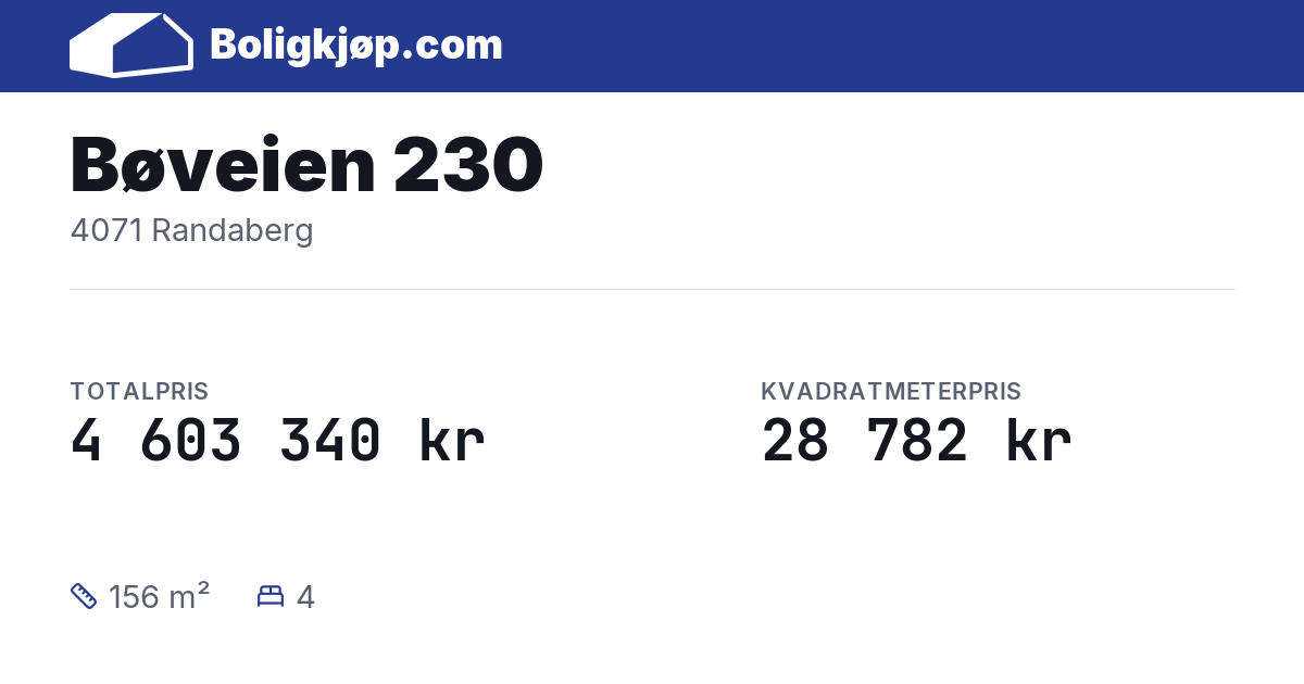 Bøveien 230, 4071 Randaberg - totalpris og kvadratmeterpris fra Boligkjøp.com