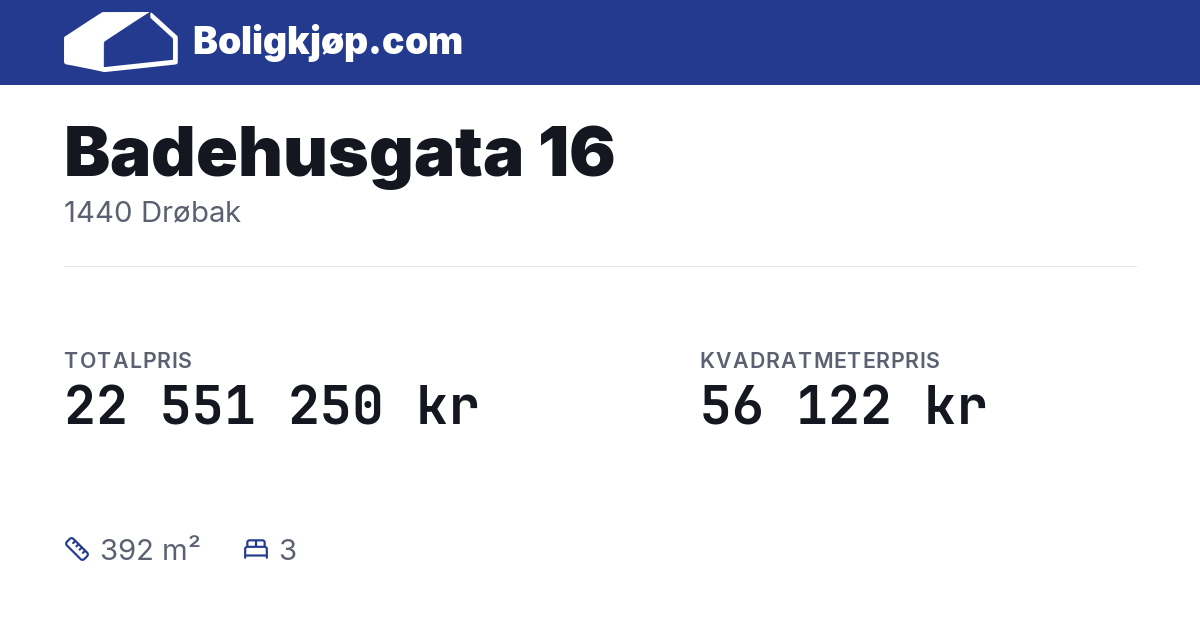 Badehusgata 16, 1440 Drøbak - totalpris og kvadratmeterpris fra Boligkjøp.com
