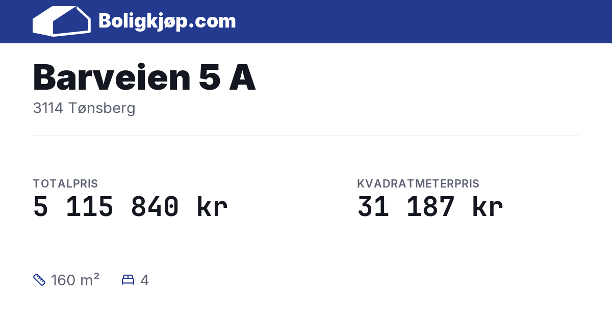 Barveien 5 A, 3114 Tønsberg - totalpris og kvadratmeterpris fra Boligkjøp.com