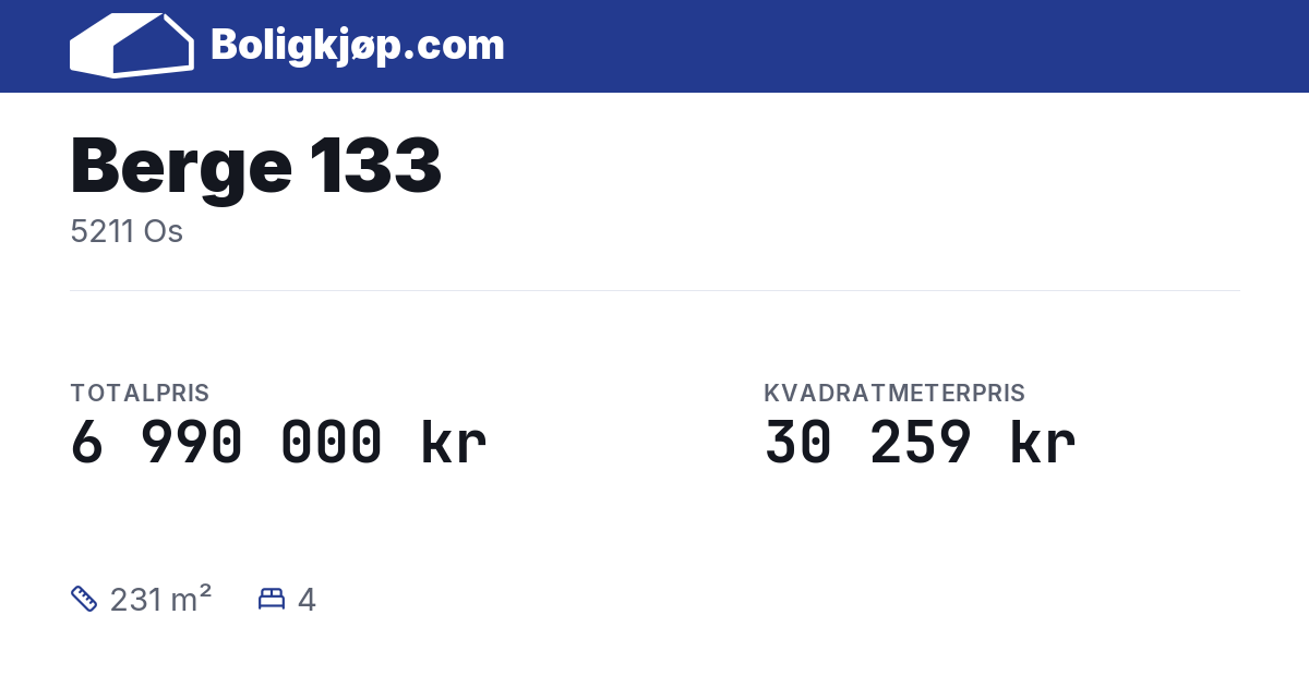 Berge 133, 5211 Os - totalpris og kvadratmeterpris fra Boligkjøp.com