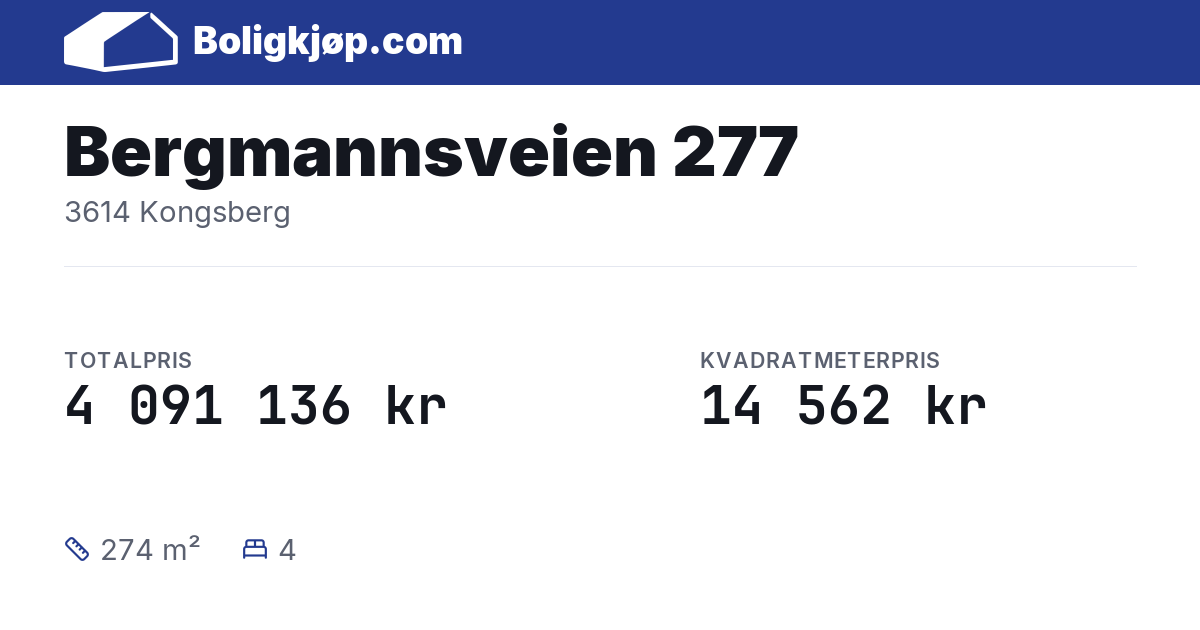 Bergmannsveien 277, 3614 Kongsberg - totalpris og kvadratmeterpris fra Boligkjøp.com