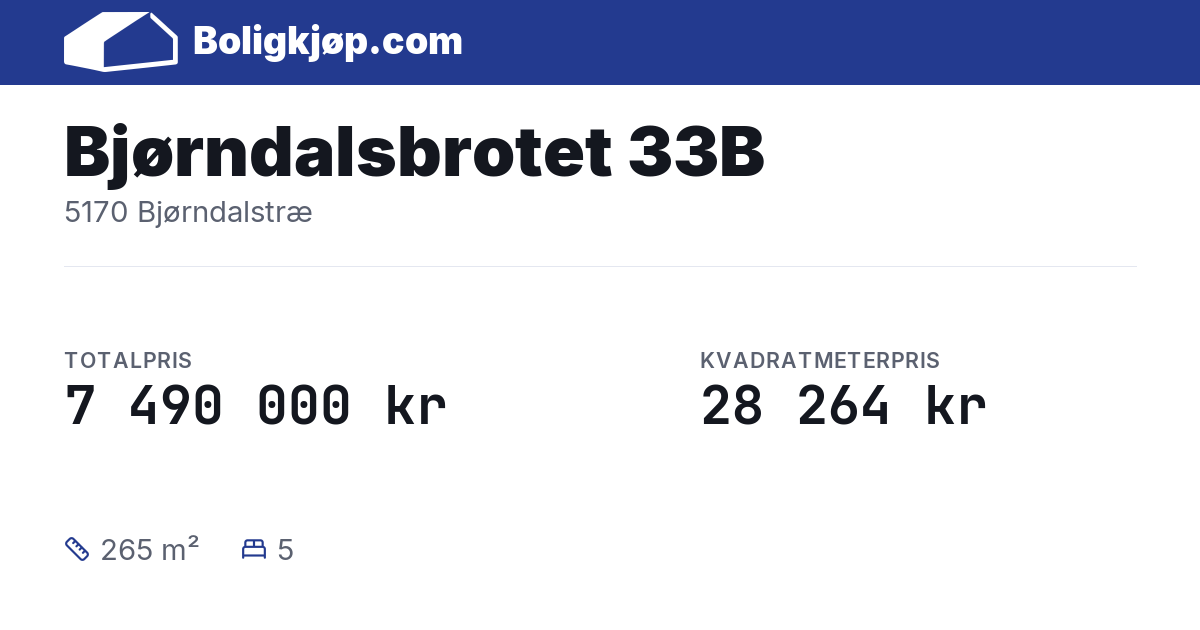 Bjørndalsbrotet 33B, 5170 Bjørndalstræ - totalpris og kvadratmeterpris fra Boligkjøp.com