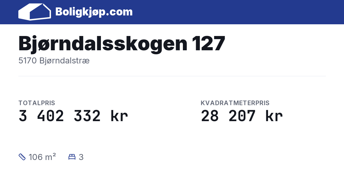 Bjørndalsskogen 127, 5170 Bjørndalstræ - totalpris og kvadratmeterpris fra Boligkjøp.com