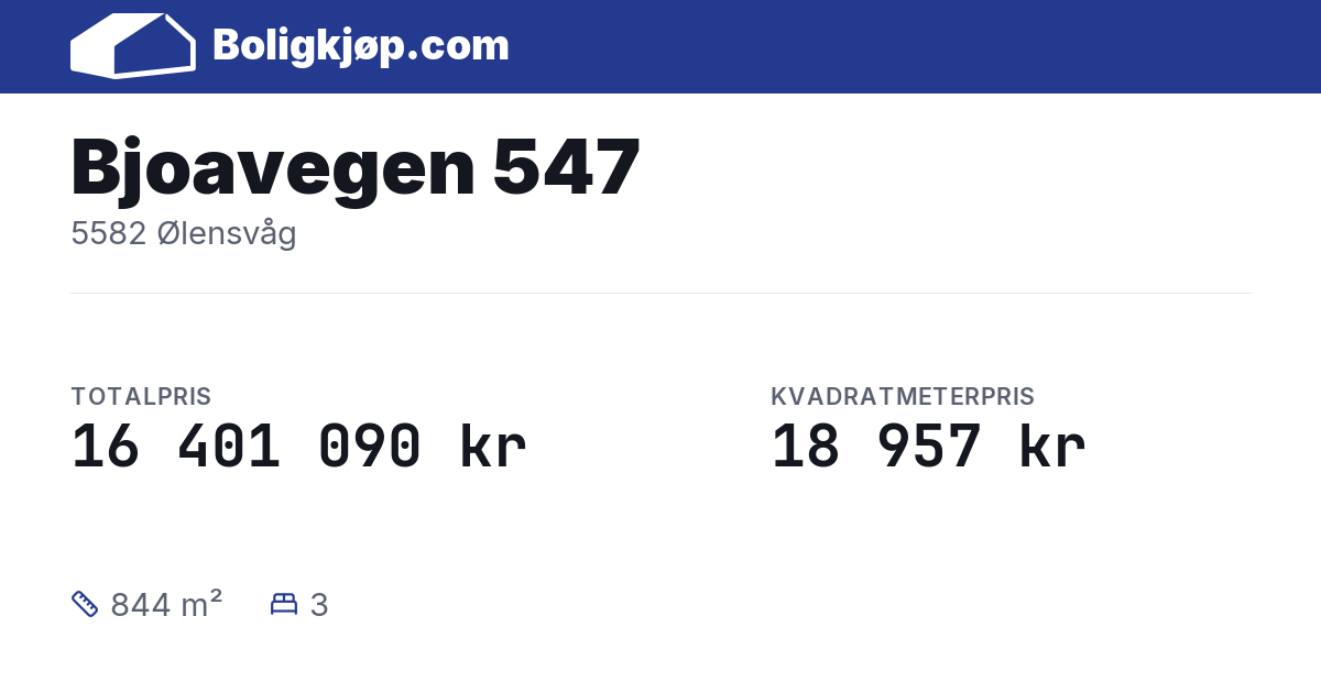 Bjoavegen 547, 5582 Ølensvåg - totalpris og kvadratmeterpris fra Boligkjøp.com