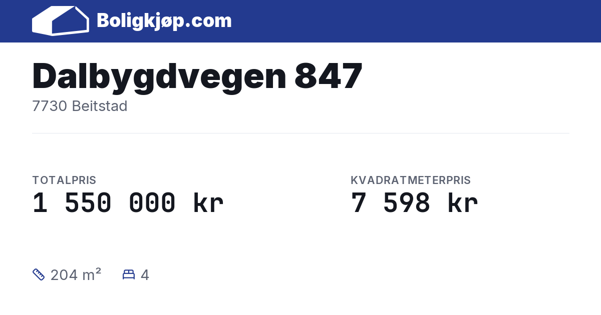 Dalbygdvegen 847, 7730 Beitstad - totalpris og kvadratmeterpris fra Boligkjøp.com