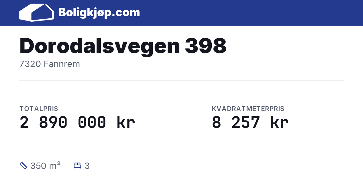Dorodalsvegen 398, 7320 Fannrem - totalpris og kvadratmeterpris fra Boligkjøp.com