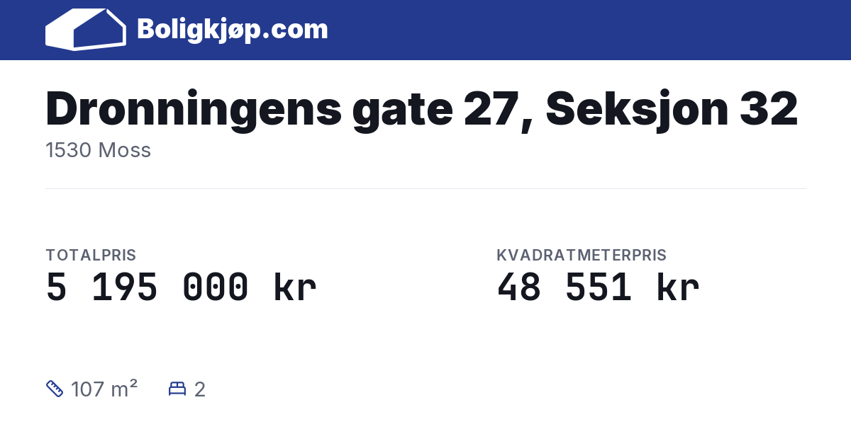 Dronningens gate 27, Seksjon 32, 1530 Moss - totalpris og kvadratmeterpris fra Boligkjøp.com