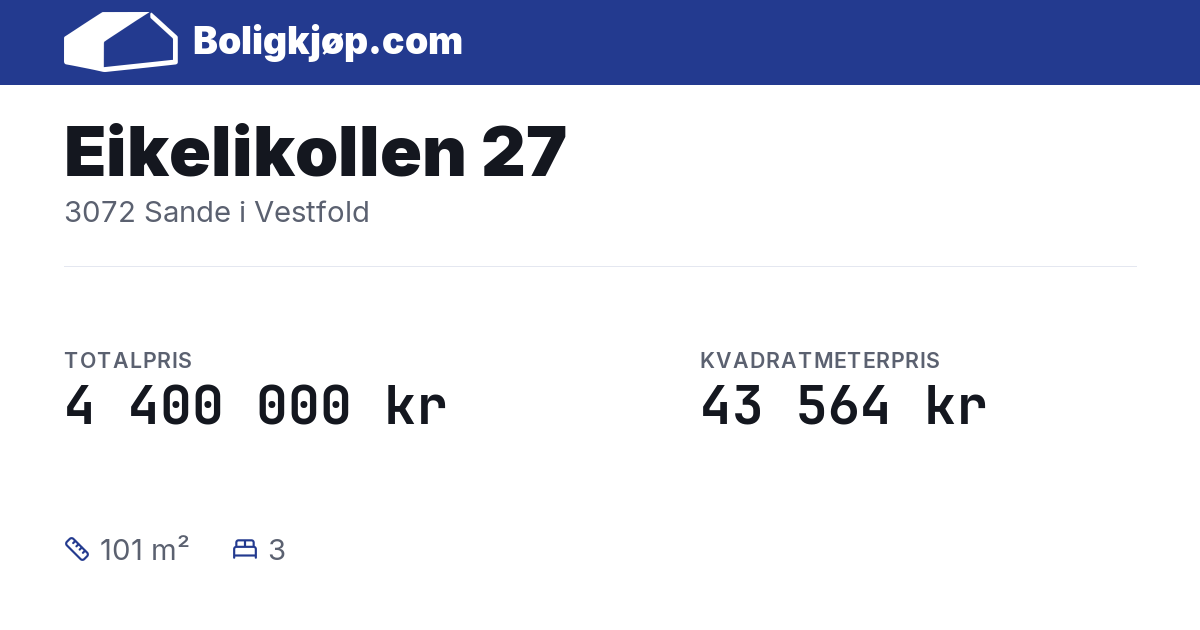 Eikelikollen 27, 3072 Sande i Vestfold - totalpris og kvadratmeterpris fra Boligkjøp.com