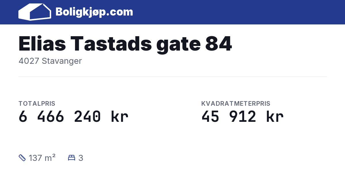 Elias Tastads gate 84, 4027 Stavanger - totalpris og kvadratmeterpris fra Boligkjøp.com