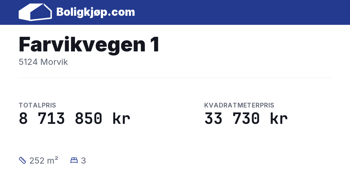Farvikvegen 1, 5124 Morvik - totalpris og kvadratmeterpris fra Boligkjøp.com