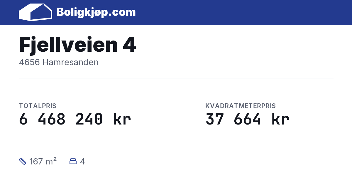 Fjellveien 4, 4656 Hamresanden - totalpris og kvadratmeterpris fra Boligkjøp.com