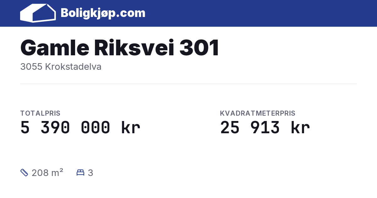Gamle Riksvei 301, 3055 Krokstadelva - totalpris og kvadratmeterpris fra Boligkjøp.com