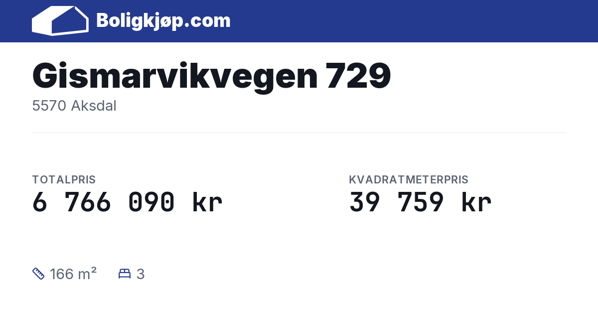 Gismarvikvegen 729, 5570 Aksdal - totalpris og kvadratmeterpris fra Boligkjøp.com