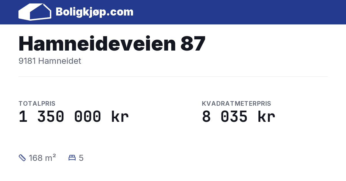 Hamneideveien 87, 9181 Hamneidet - totalpris og kvadratmeterpris fra Boligkjøp.com