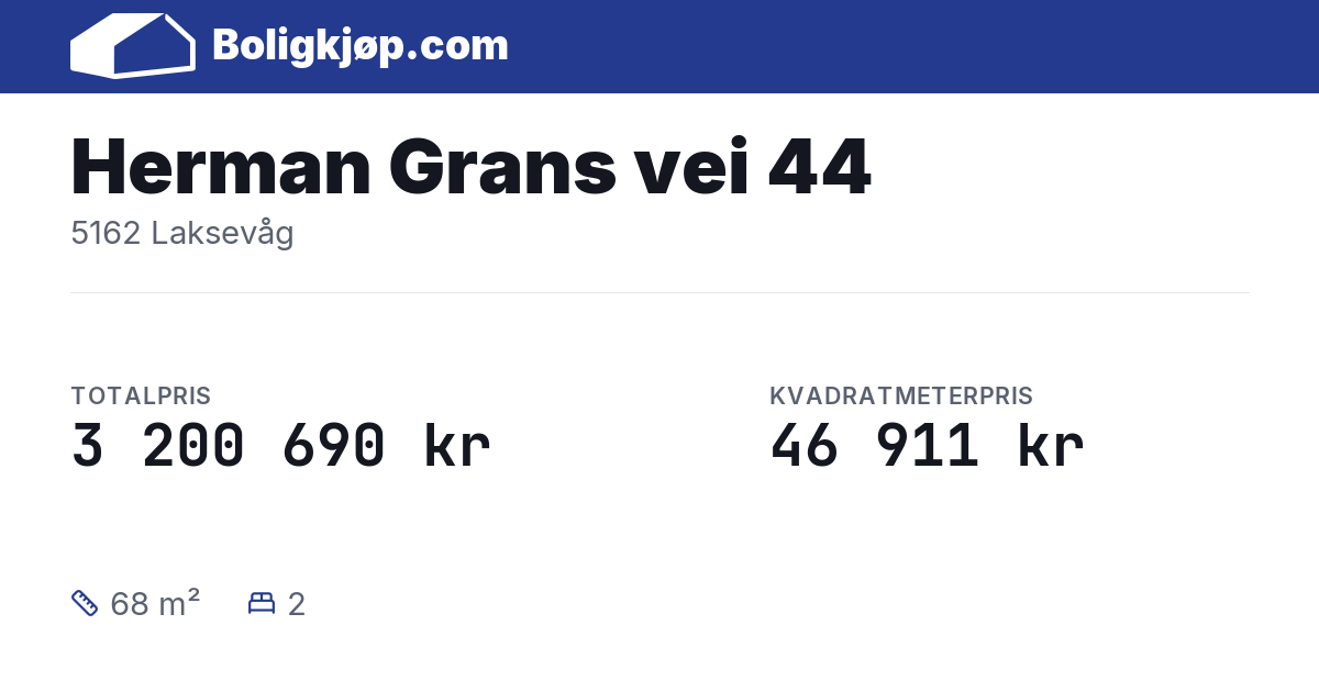 Herman Grans vei 44, 5162 Laksevåg - totalpris og kvadratmeterpris fra Boligkjøp.com