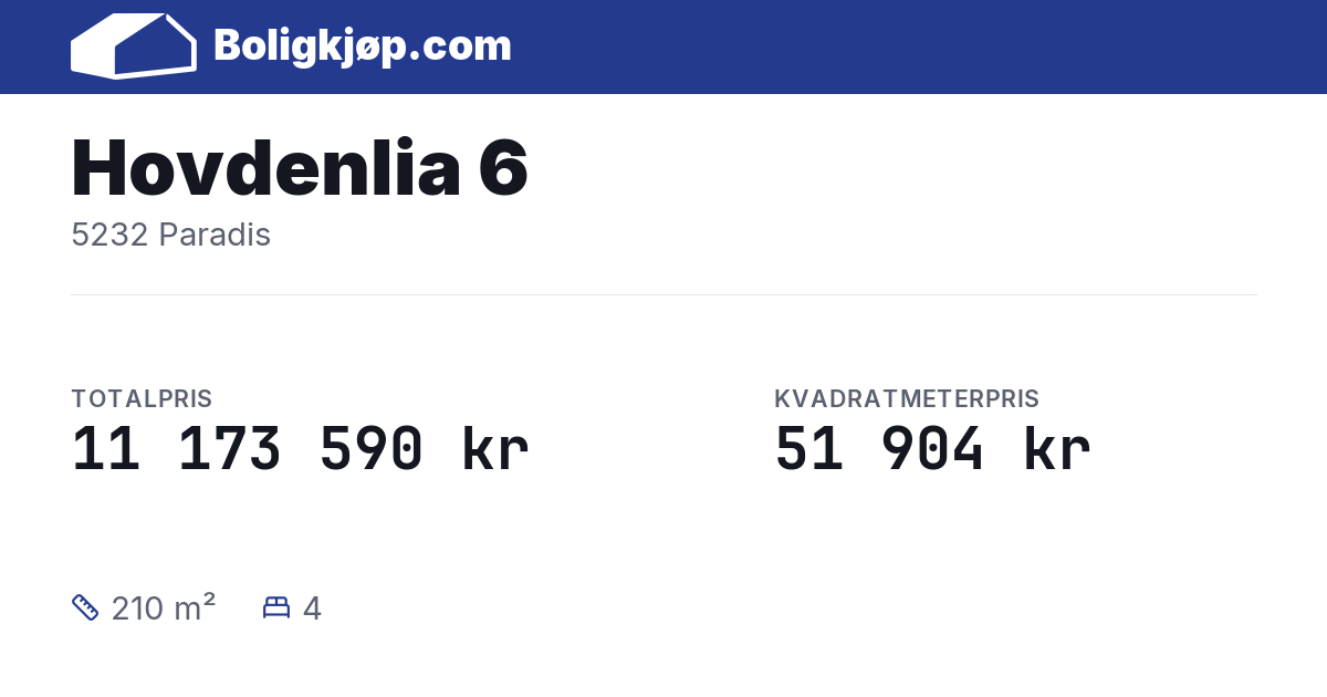 Hovdenlia 6, 5232 Paradis - totalpris og kvadratmeterpris fra Boligkjøp.com