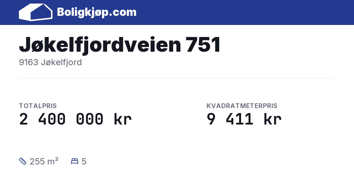 Jøkelfjordveien 751, 9163 Jøkelfjord - totalpris og kvadratmeterpris fra Boligkjøp.com