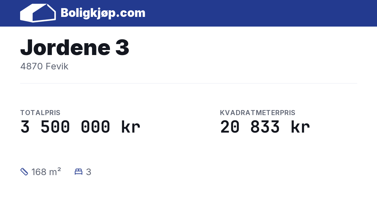 Jordene 3, 4870 Fevik - totalpris og kvadratmeterpris fra Boligkjøp.com