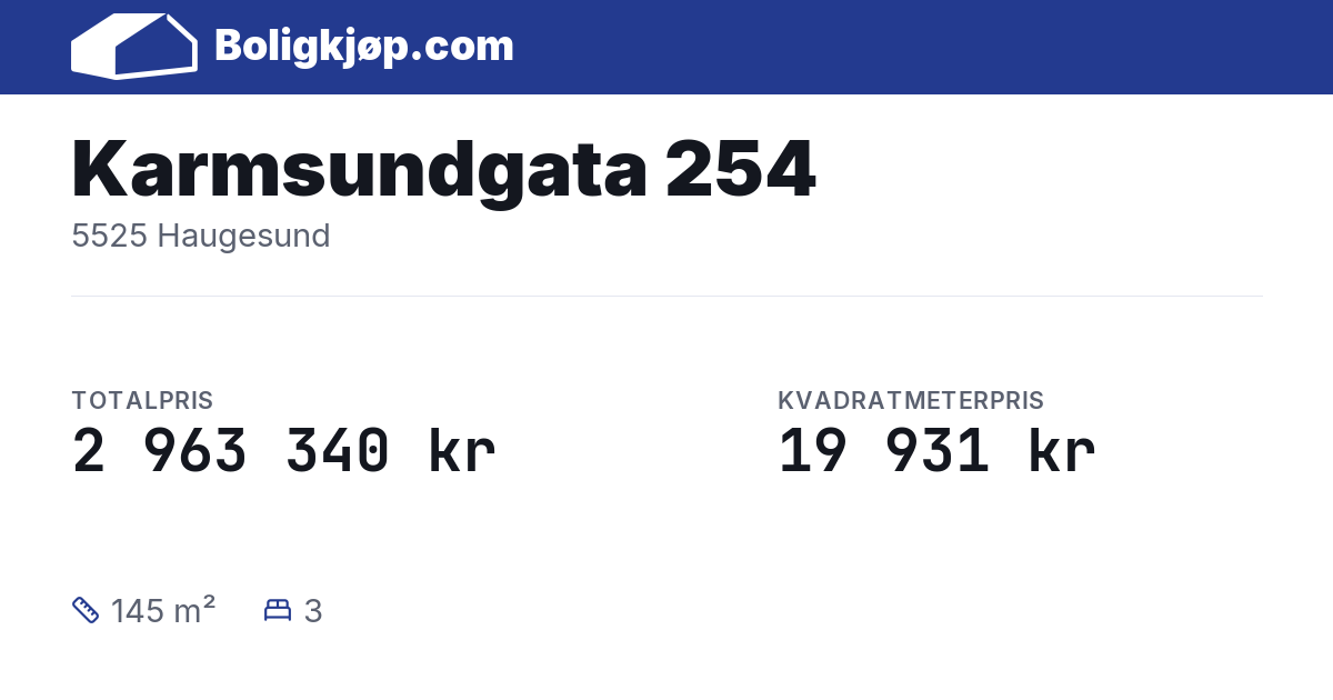 Karmsundgata 254, 5525 Haugesund - totalpris og kvadratmeterpris fra Boligkjøp.com