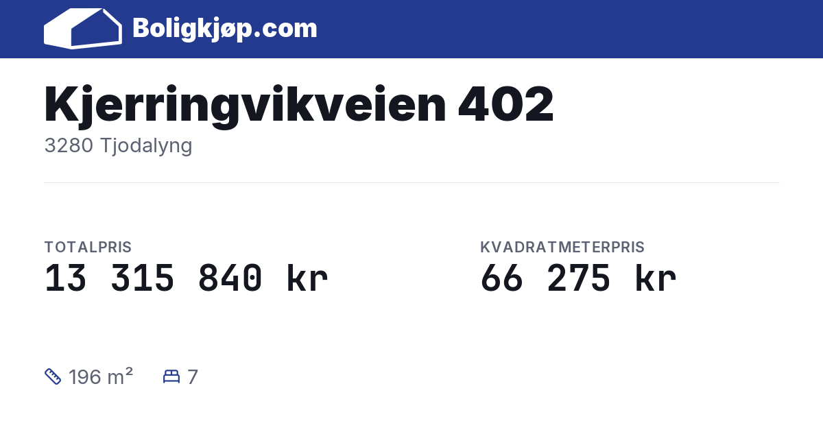 Kjerringvikveien 402, 3280 Tjodalyng - totalpris og kvadratmeterpris fra Boligkjøp.com