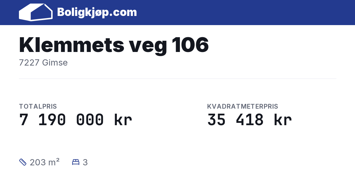 Klemmets veg 106, 7227 Gimse - totalpris og kvadratmeterpris fra Boligkjøp.com