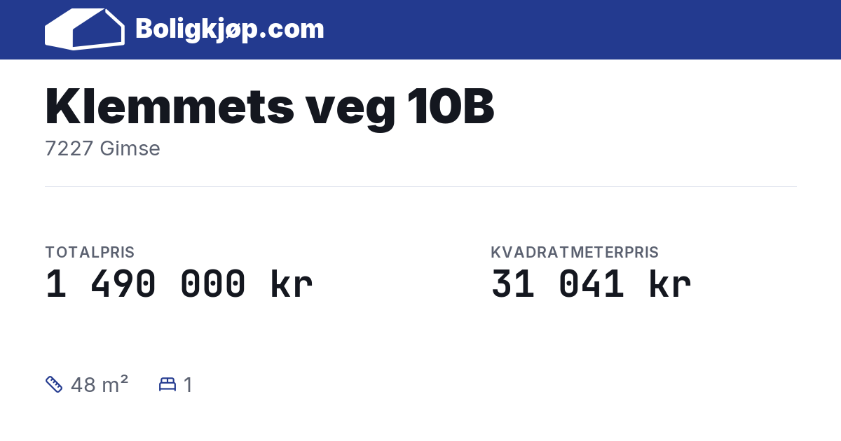 Klemmets veg 10B, 7227 Gimse - totalpris og kvadratmeterpris fra Boligkjøp.com