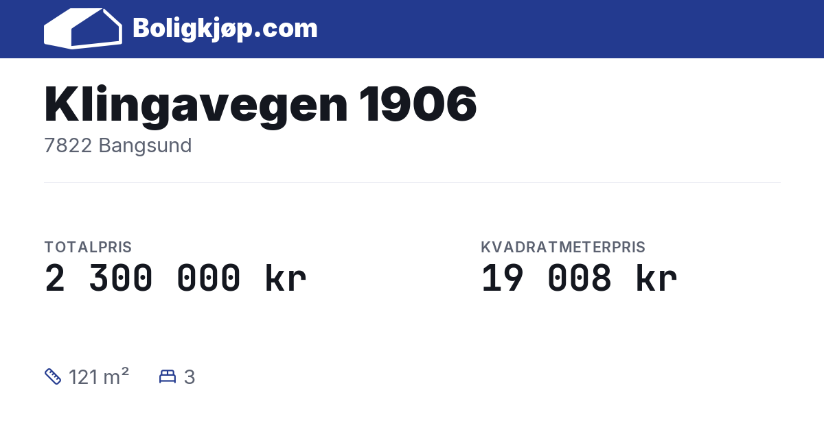 Klingavegen 1906, 7822 Bangsund - totalpris og kvadratmeterpris fra Boligkjøp.com