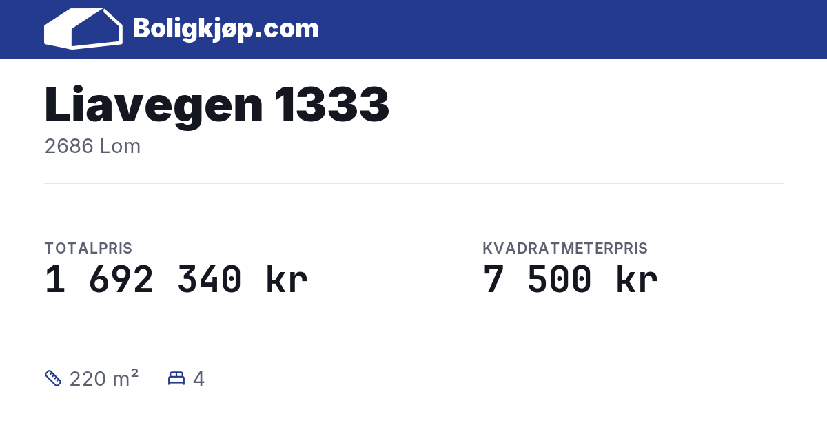 Liavegen 1333, 2686 Lom - totalpris og kvadratmeterpris fra Boligkjøp.com