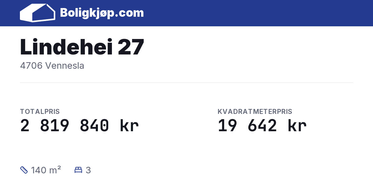Lindehei 27, 4706 Vennesla - totalpris og kvadratmeterpris fra Boligkjøp.com