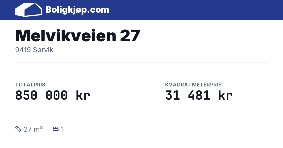 Melvikveien 27, 9419 Sørvik - totalpris og kvadratmeterpris fra Boligkjøp.com