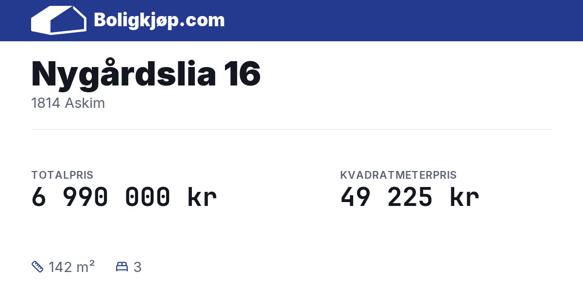 Nygårdslia 16, 1814 Askim - totalpris og kvadratmeterpris fra Boligkjøp.com