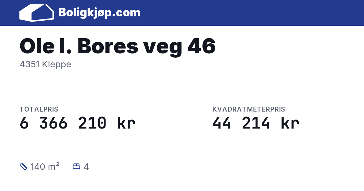 Ole I. Bores veg 46, 4351 Kleppe - totalpris og kvadratmeterpris fra Boligkjøp.com