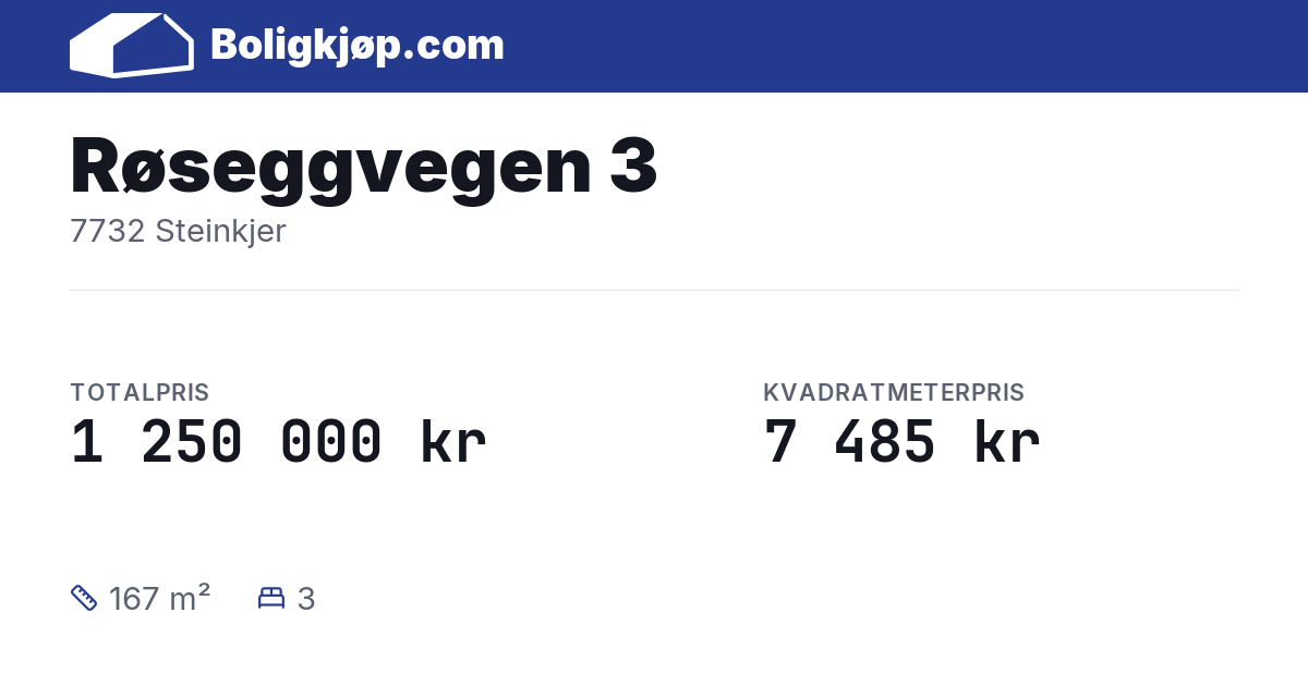 Røseggvegen 3, 7732 Steinkjer - totalpris og kvadratmeterpris fra Boligkjøp.com