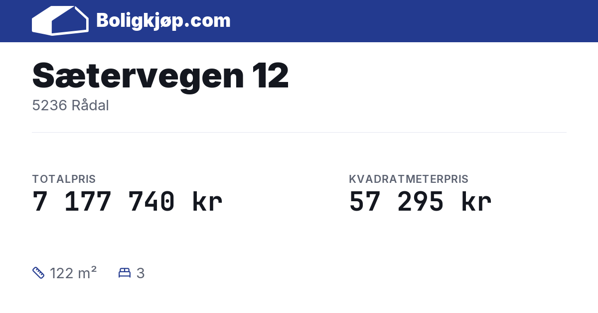 Sætervegen 12, 5236 Rådal - totalpris og kvadratmeterpris fra Boligkjøp.com