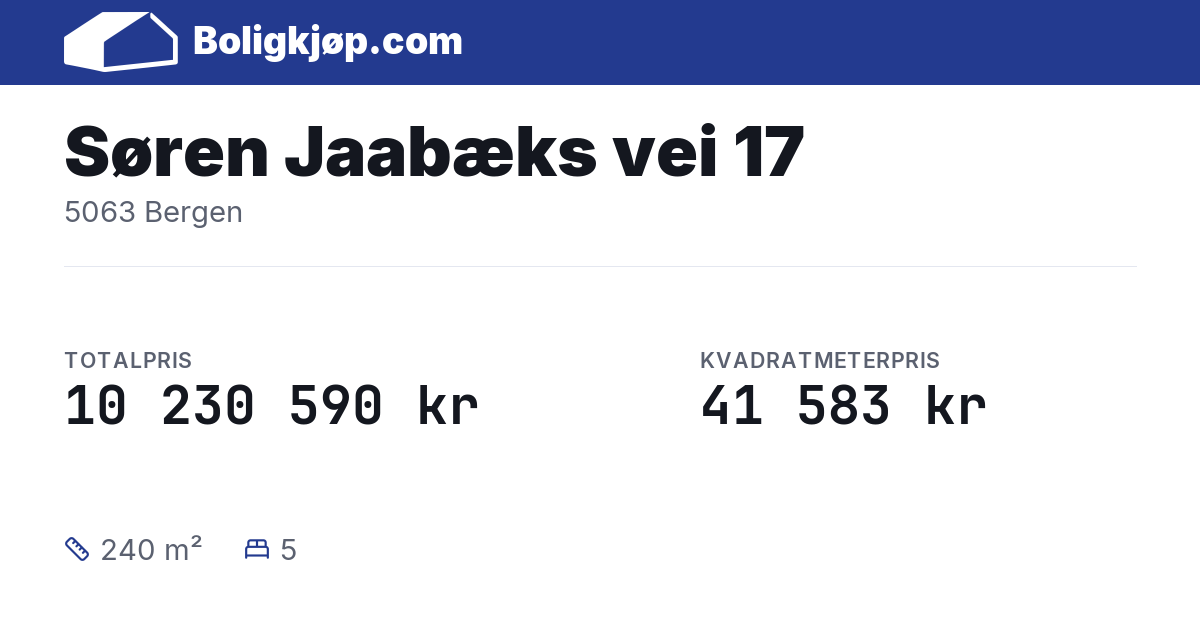 Søren Jaabæks vei 17, 5063 Bergen - totalpris og kvadratmeterpris fra Boligkjøp.com