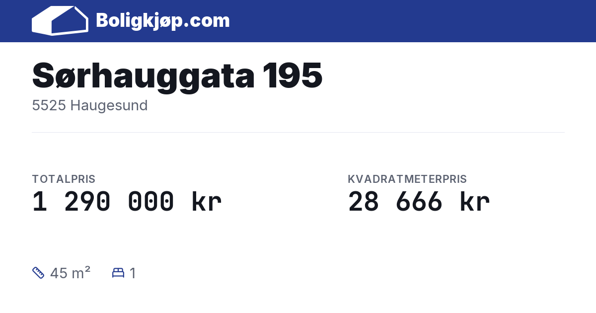 Sørhauggata 195, 5525 Haugesund - totalpris og kvadratmeterpris fra Boligkjøp.com