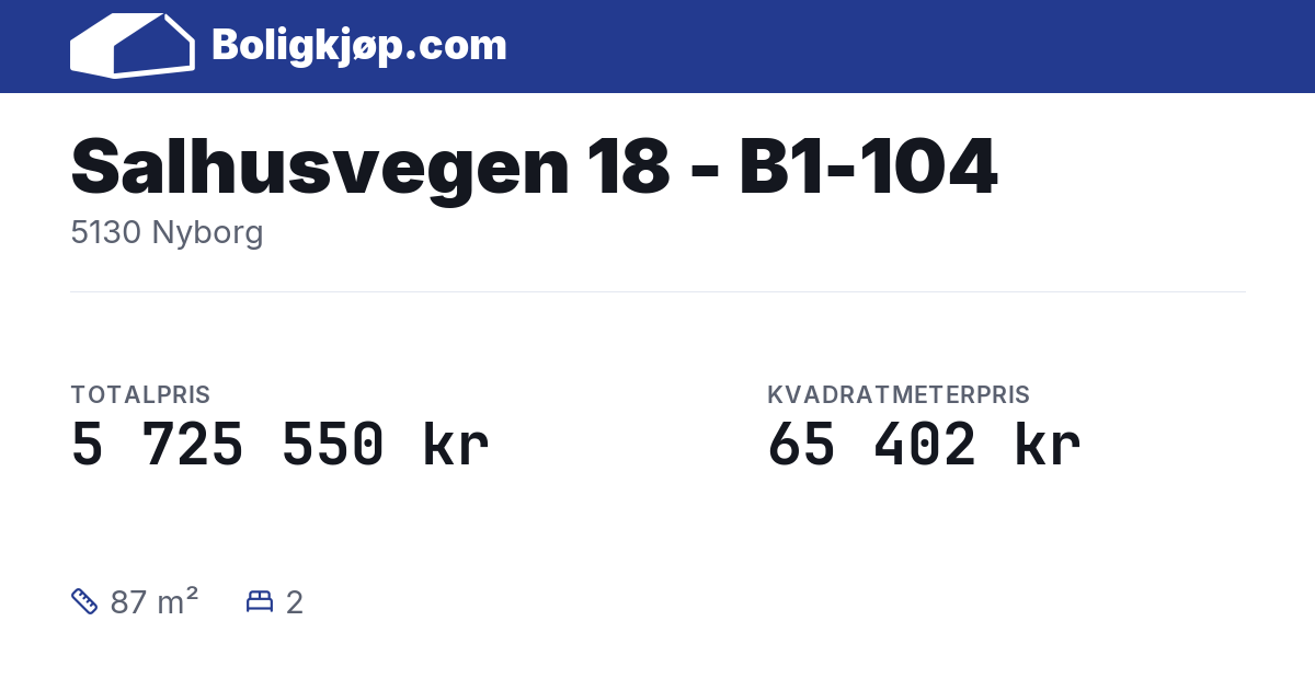 Salhusvegen 18 - B1-104, 5130 Nyborg - totalpris og kvadratmeterpris fra Boligkjøp.com