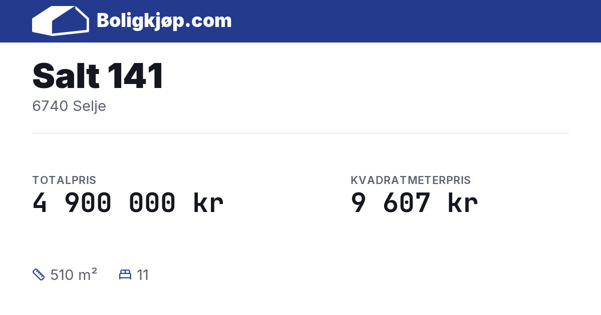 Salt 141, 6740 Selje - totalpris og kvadratmeterpris fra Boligkjøp.com