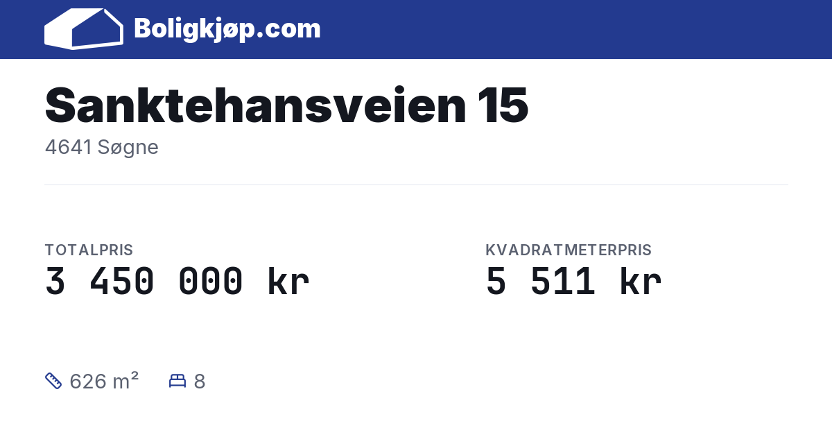 Sanktehansveien 15, 4641 Søgne - totalpris og kvadratmeterpris fra Boligkjøp.com