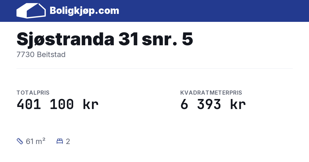 Sjøstranda 31 snr. 5, 7730 Beitstad - totalpris og kvadratmeterpris fra Boligkjøp.com