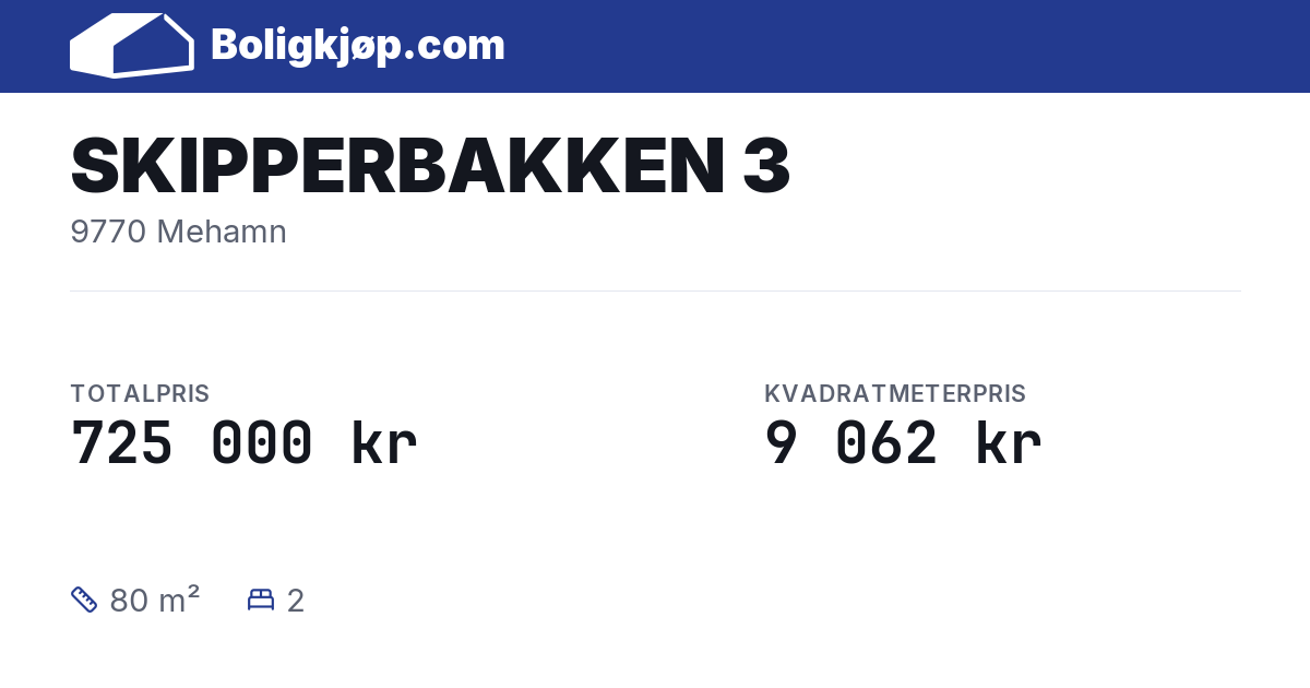 SKIPPERBAKKEN 3, 9770 Mehamn - totalpris og kvadratmeterpris fra Boligkjøp.com