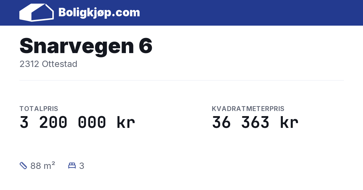 Snarvegen 6, 2312 Ottestad - totalpris og kvadratmeterpris fra Boligkjøp.com