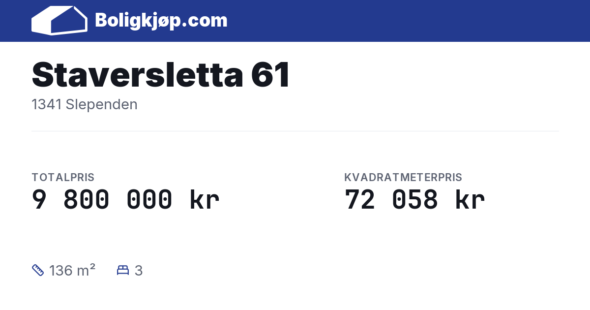 Staversletta 61, 1341 Slependen - totalpris og kvadratmeterpris fra Boligkjøp.com