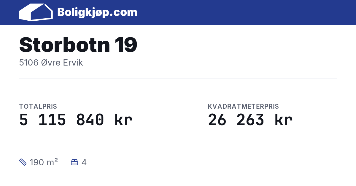 Storbotn 19, 5106 Øvre Ervik - totalpris og kvadratmeterpris fra Boligkjøp.com