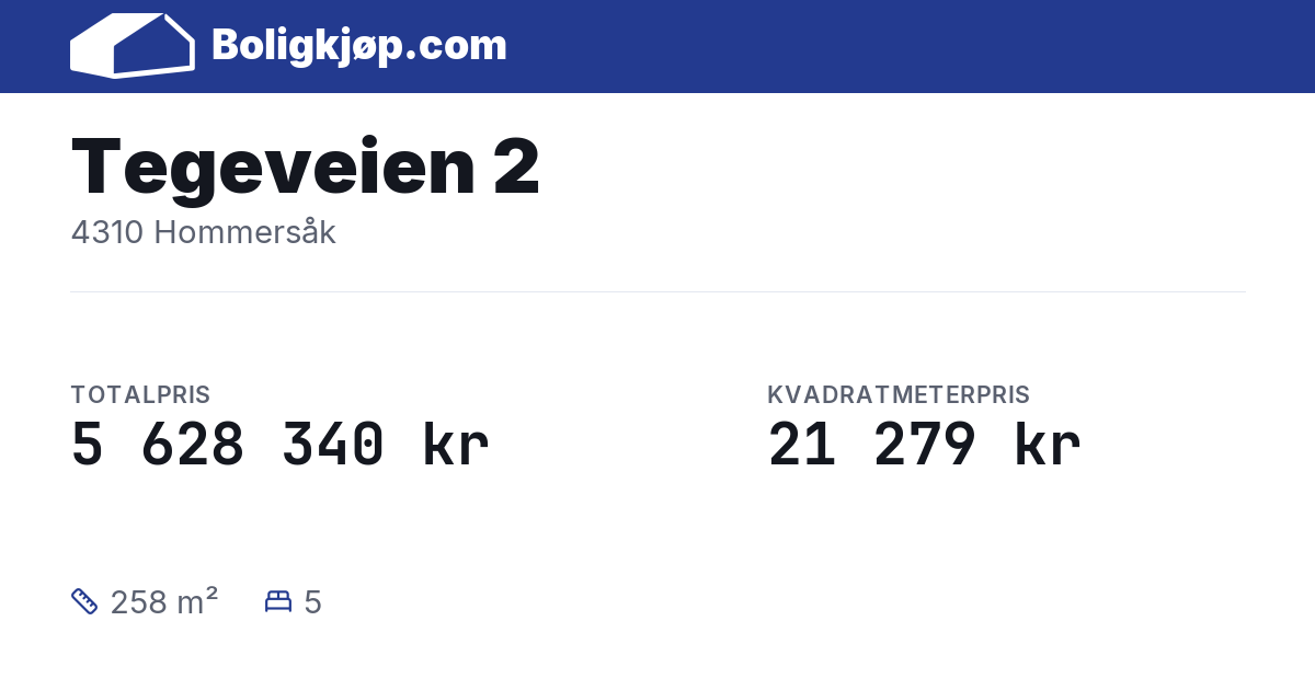 Tegeveien 2, 4310 Hommersåk - totalpris og kvadratmeterpris fra Boligkjøp.com