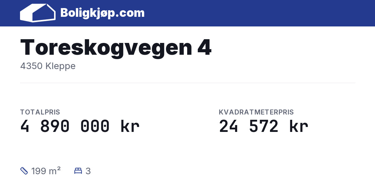 Toreskogvegen 4, 4350 Kleppe - totalpris og kvadratmeterpris fra Boligkjøp.com