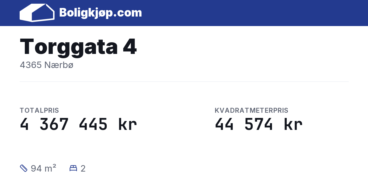 Torggata 4, 4365 Nærbø - totalpris og kvadratmeterpris fra Boligkjøp.com